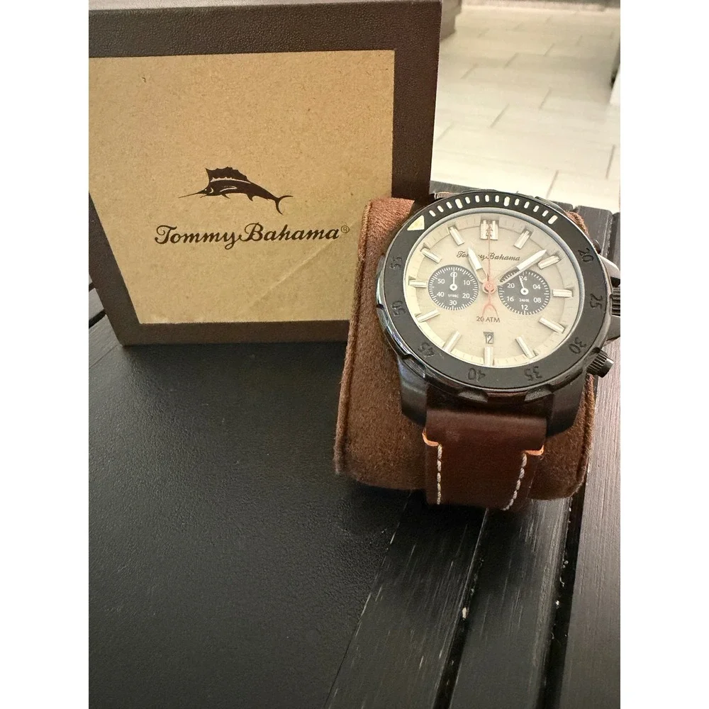 Tommy Bahama Relax Mens Chronograph Watch Brown Leather Strap 20 ATM 10024739